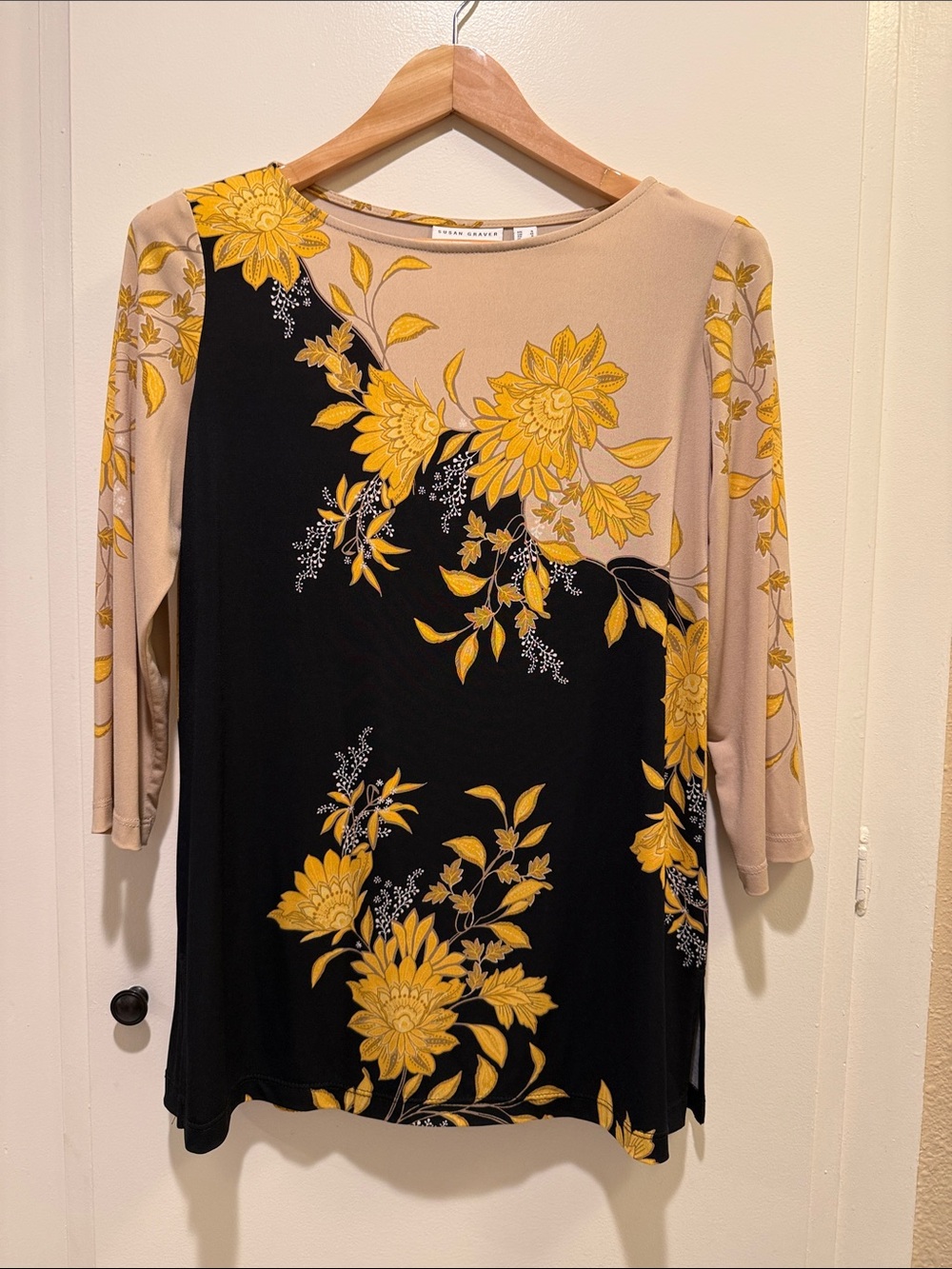 Susan Graver Black and Beige Tunic with Yellow Floral Print